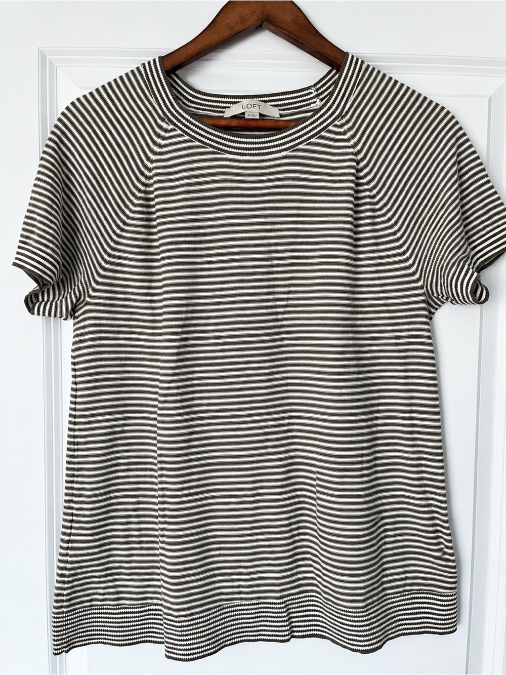 LOFT Women's Striped Short-Sleeve knit top in olive and cream